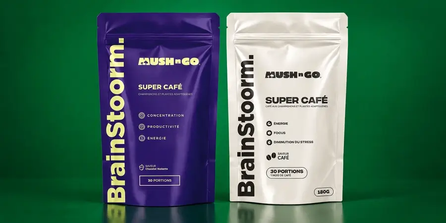 Le confezioni di Brainstoorm al cioccolato e al gusto caffè affiancate