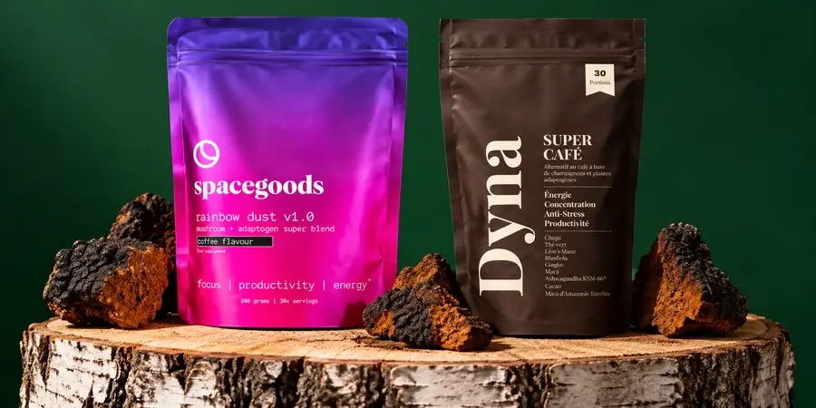 Spacegoods Rainbow Dust e Dyna Super Café accanto a pezzi di chaga su un tronco di betulla