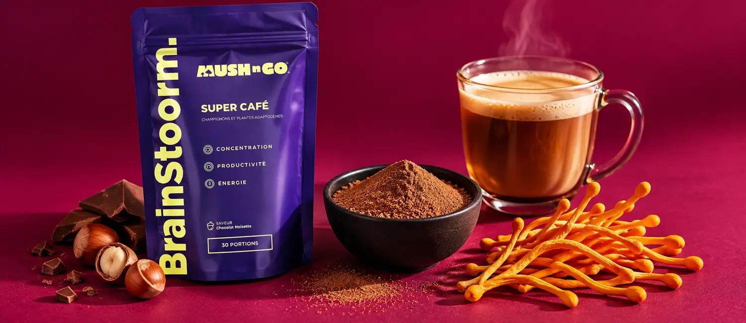 Brainstoorm di Mush N Go con una ciotola di polvere, Cordyceps militaris e una tazza