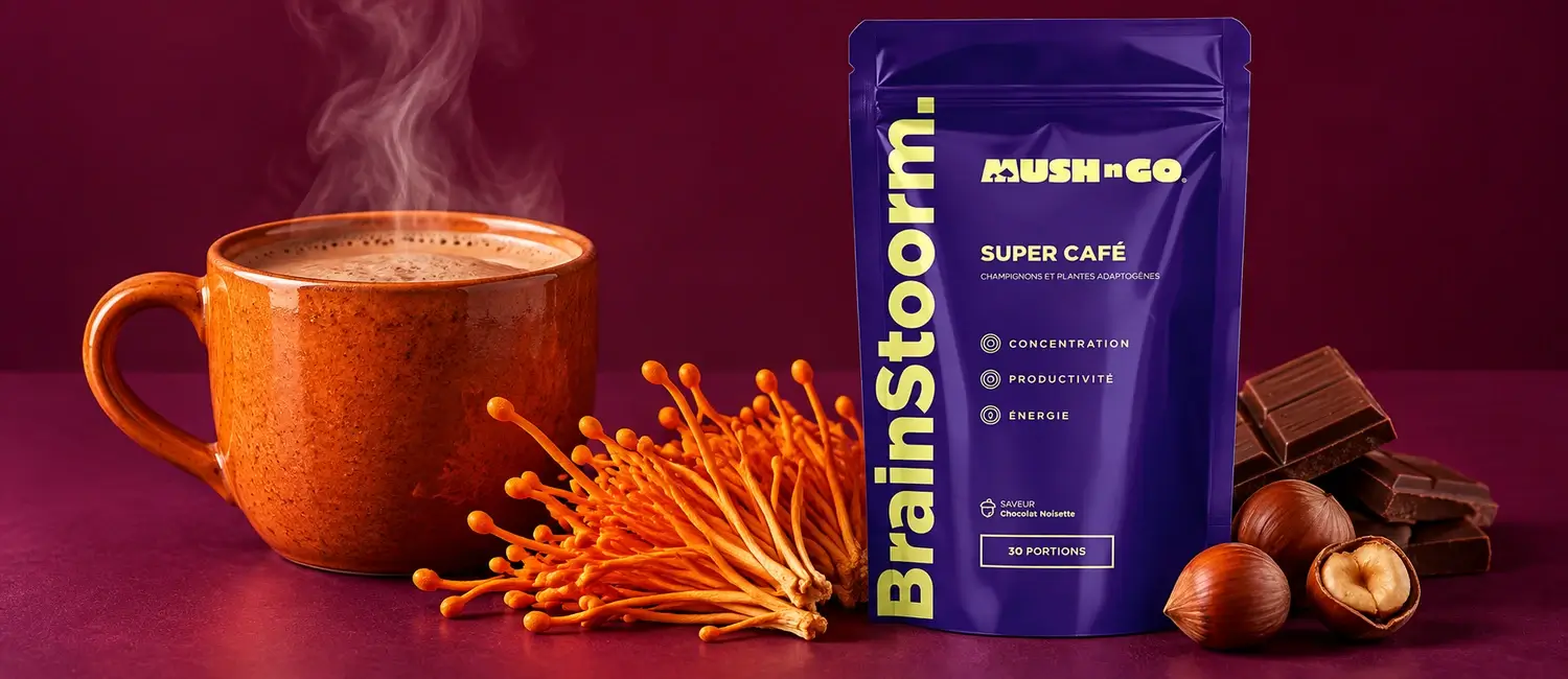 Brainstoorm di Mush N Go con Cordyceps militaris e una tazza fumante