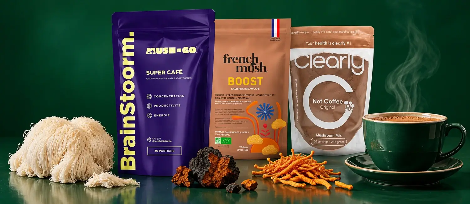 Brainstoorm, French Mush Boost e Clearly Not Coffee con una tazza di mushroom coffee, Lion’s Mane, Chaga e Cordyceps