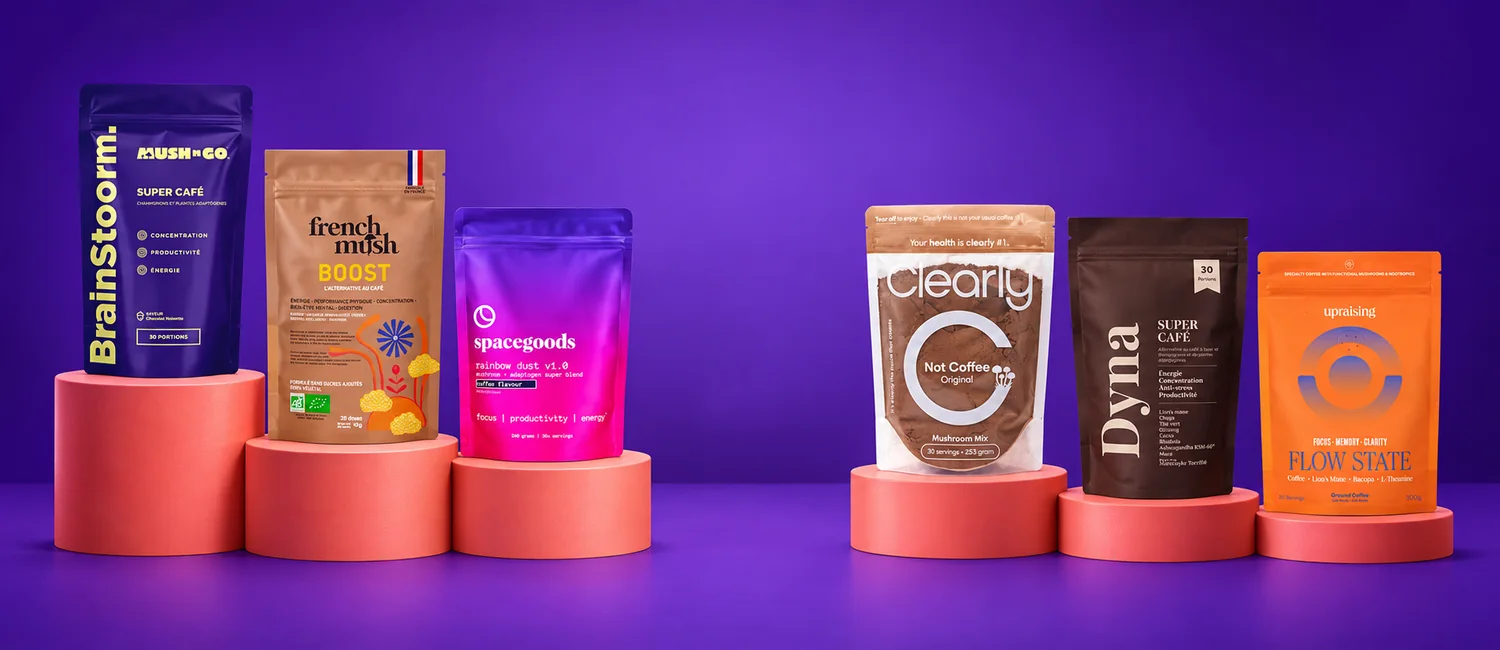 Brainstoorm, French Mush Boost, Spacegoods Rainbow Dust, Clearly Not Coffee, Dyna Super Coffee e Upraising Flow State su podi